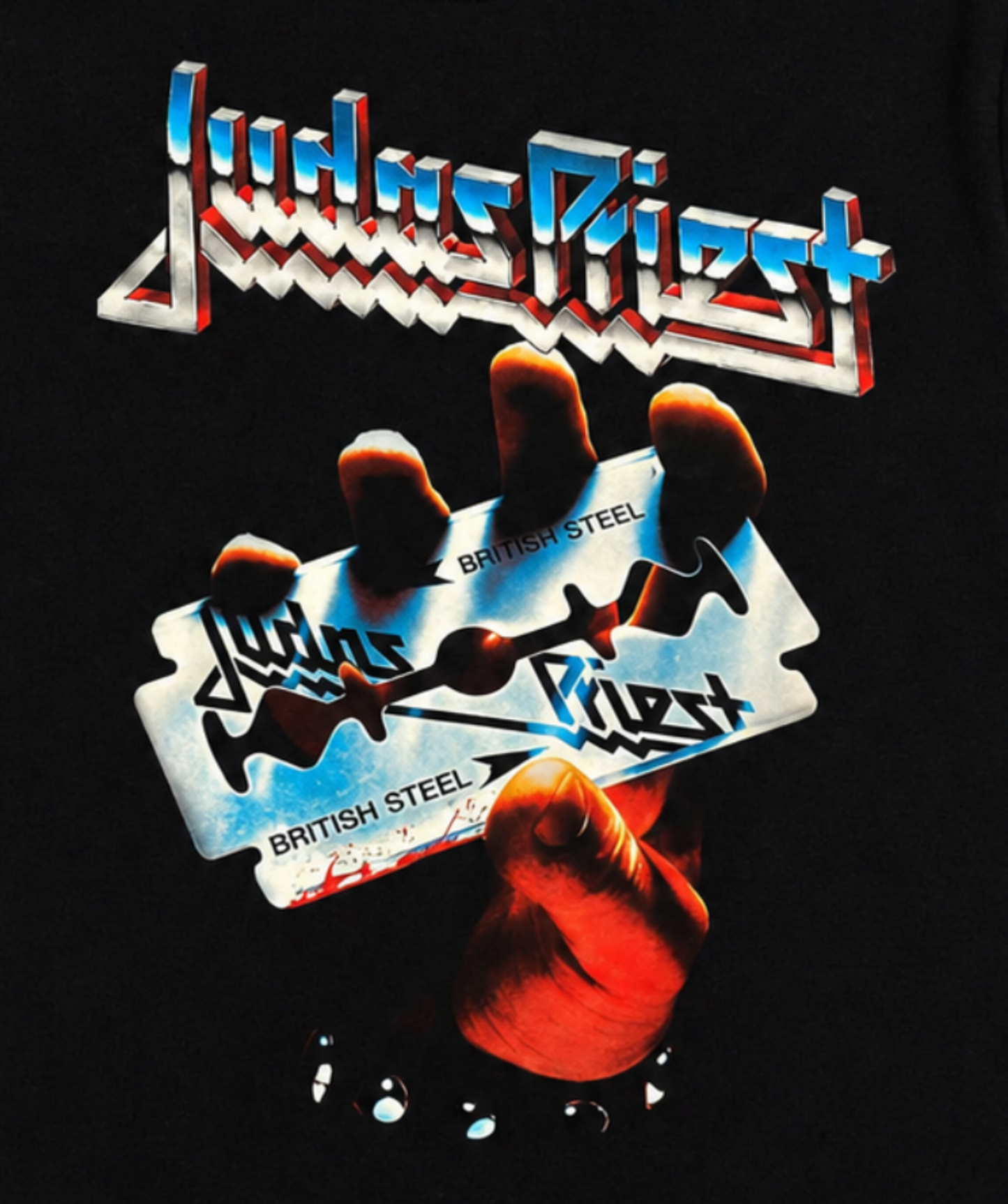 Black adult unisex Judas Priest British Steel heavy metal T-shirt featuring the classic razor blade artwork with the band's metallic logo, available in sizes Small through 3X-Large.