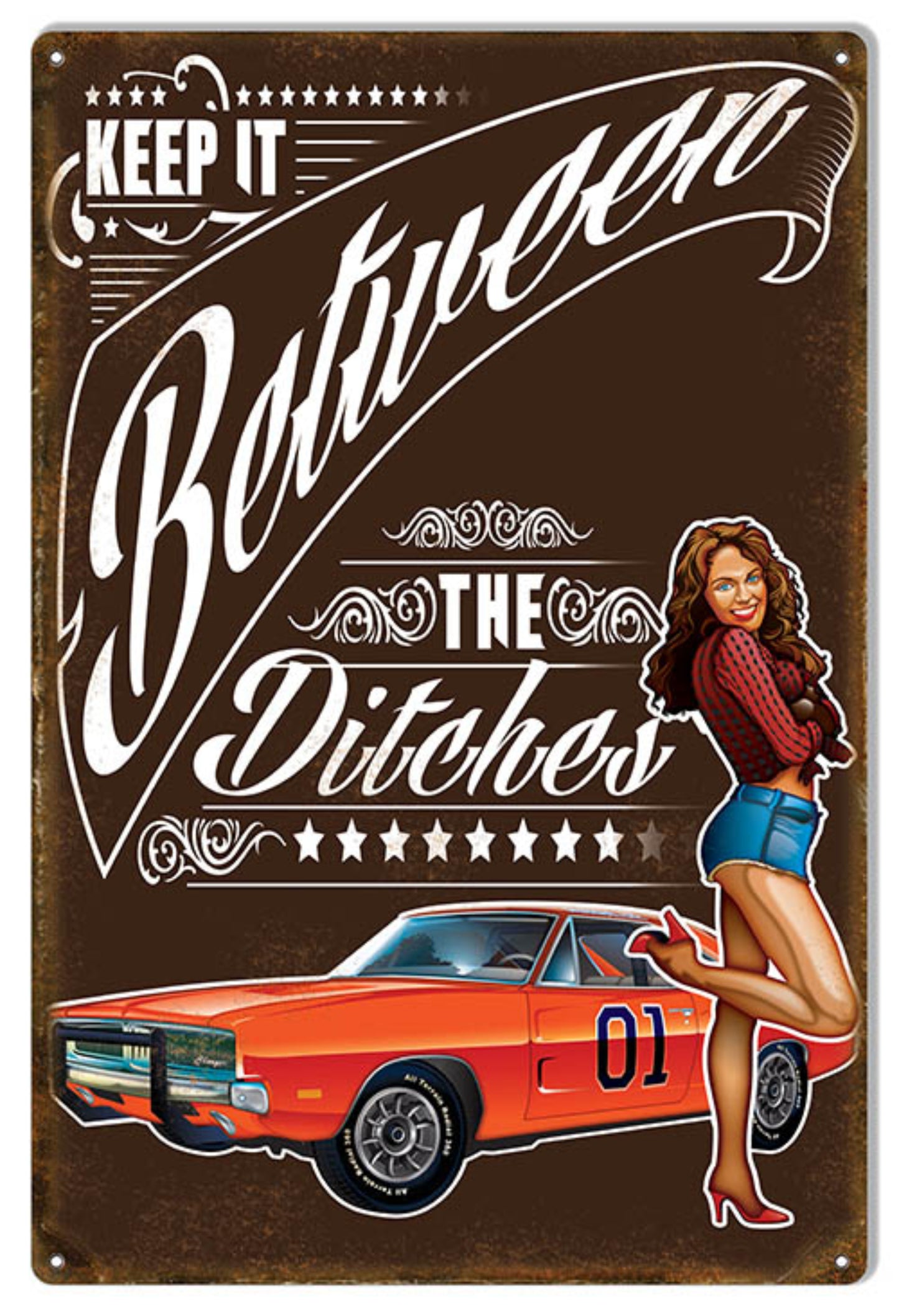 Celebrate classic 1970s TV Americana with the “Keep It Between the Ditches” metal sign by Bernard Oliver featuring Daisy Duke and the General Lee.
