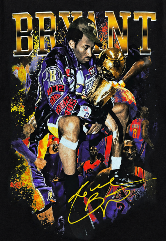 Kobe Bryant Black Mamba Legend graphic T-shirt with championship trophy image, action collage, and signature text unisex sizes Sβ3XL