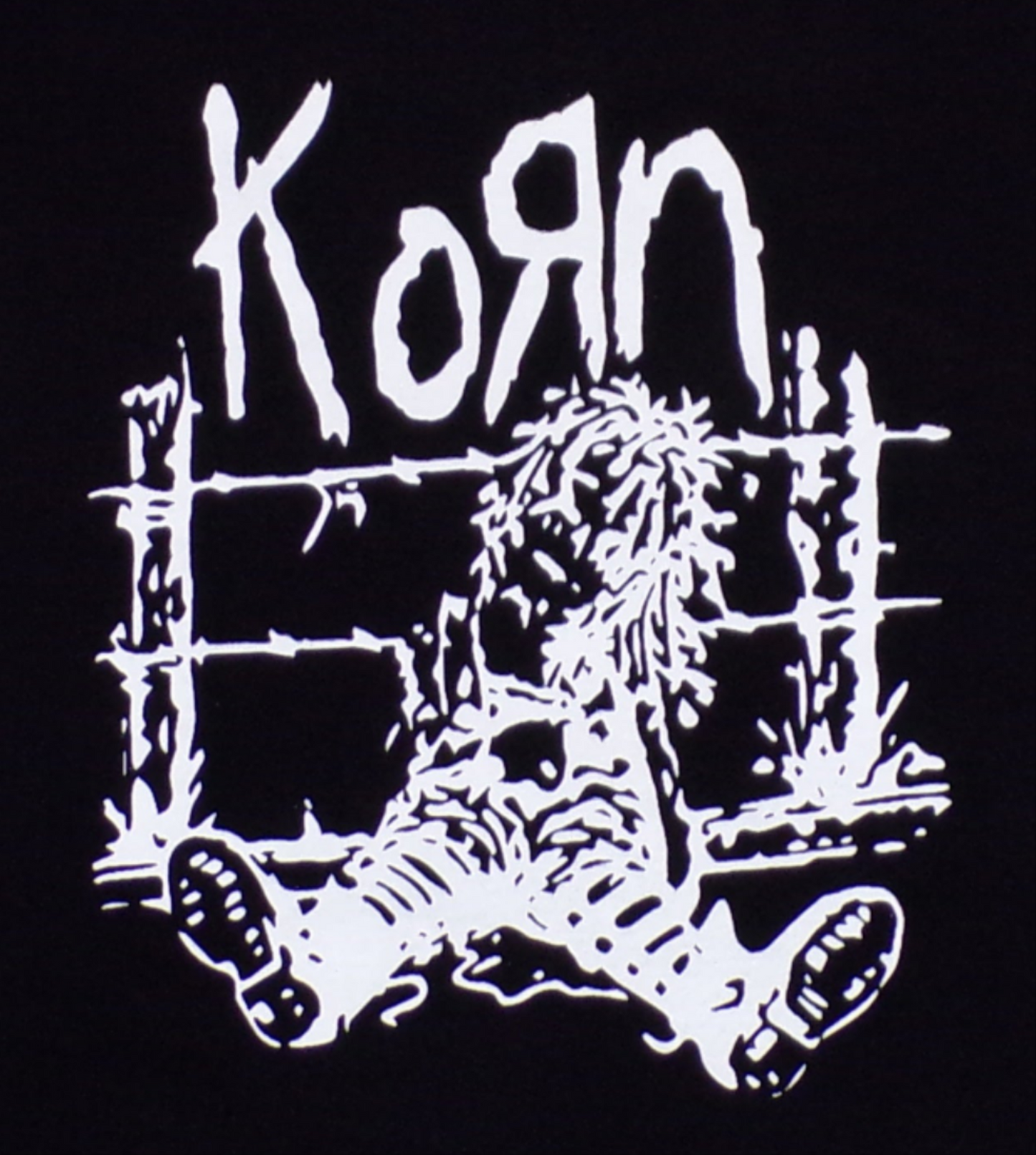 Korn – Voodoo Doll on Fence Youth Unisex Band Silkscreen T-Shirt – XS–XL, black cotton tee with white Korn graphic print.