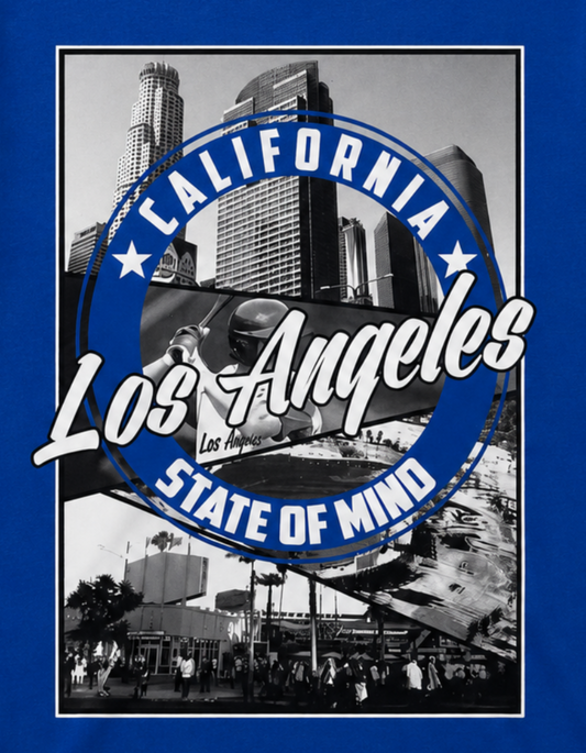 Los Angeles State of Mind West Coast baseball T-shirt in royal blue with downtown skyline, baseball player, palm trees, and city scenesβa standout choice for L.A. baseball and California fans.
