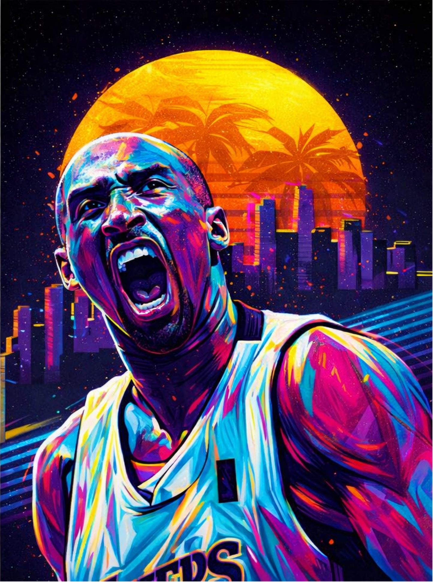Close-up neon basketball portrait in 80s vaporwave style