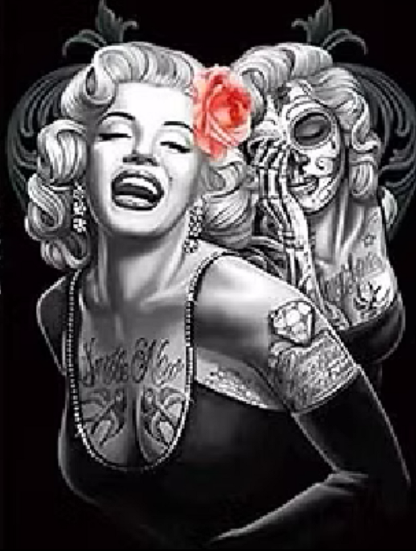 Marilyn Monroe smile now cry later day of the dead inspired portrait with skeleton artwork