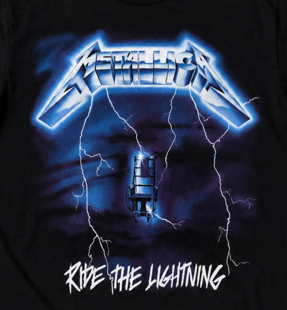 Metallica Ride the Lightning graphic T-shirt with electric chair and blue lightning design unisex sizes S–3XL