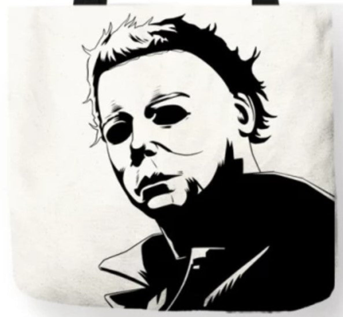Close-up of black-and-white Michael Myers artwork showing his expressionless white mask, downward-tilted head, dark eyes, messy hair, and black clothing against a light background.