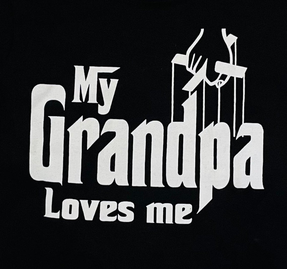 Youth-sized t-shirt featuring a 'My Grandpa Loves Me' design with a Godfather-themed graphic. . Available in sizes XS-XL.