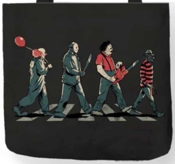New Abby Road Horror Walk Canvas Tote Bags. Pennywise IT, Jason Voorhees, Leatherface And Freddy Krueger. Image Is Printed On Both Sides.