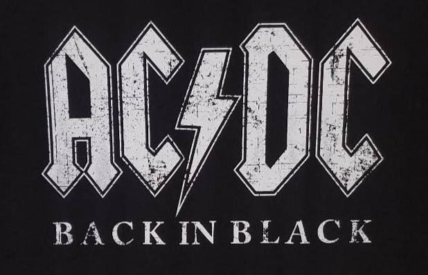 New AC/DC Distressed Back In Black Logo Unisex Silkscreen T-Shirt. Available From Small-2XL. hard rock classic rock apparel
