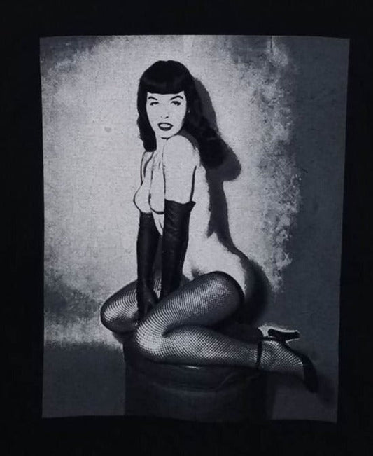 new betty page on her knees unisex silkscreen t-shirt available from small-3x shirt tops adult apparel vintage hollywood horror adult