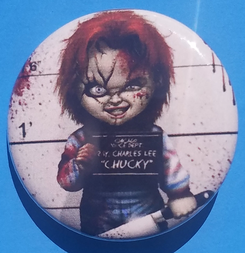 new chucky button set of 4 fashion buttons are 1.25 inches in size Set Includes Chucky & Tiffany In Heart Mugshot Throwing Knife Chucky With Axe horror movies
