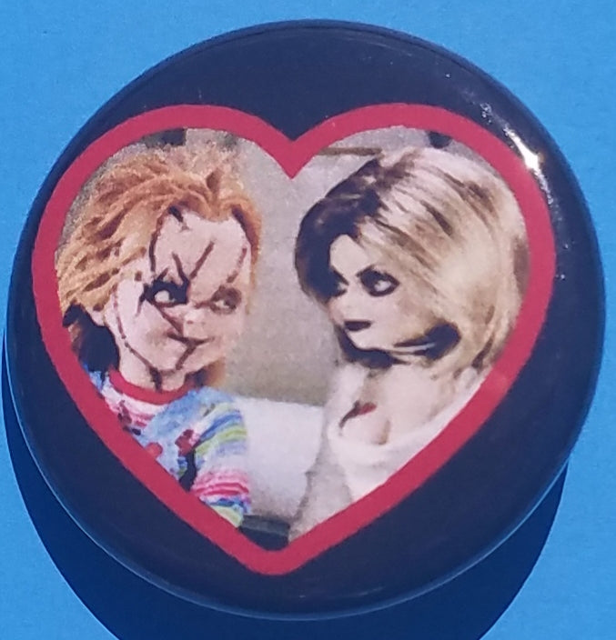 new chucky button set of 4 fashion buttons are 1.25 inches in size Set Includes Chucky & Tiffany In Heart Mugshot Throwing Knife Chucky With Axe horror movies