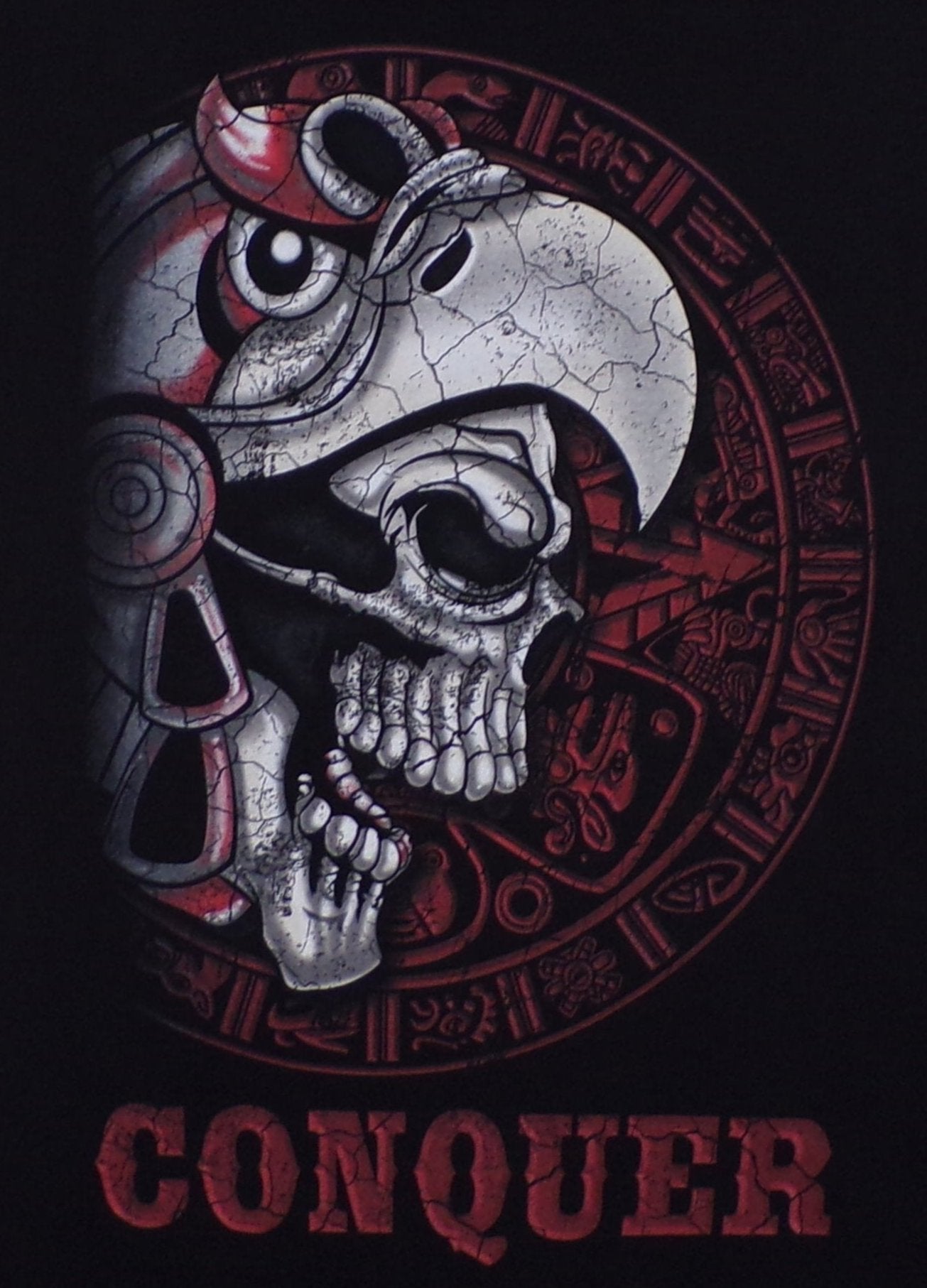 New ’Conquer Skeleton Aztec Warrior’ Unisex Silkscreen T-Shirt. Available From Small-3XL. - Men’s Short Sleeve Shirt