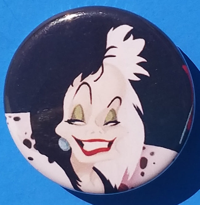 new disney villains button set of 4 fashion buttons are 1.25 inches in size Set Includes Cruella De Ville Evil Queen Malificent Ursula witches cartoons movies animation snow white the little mermaid 100 dalmations sleeping beauty fantasy collection pinback
