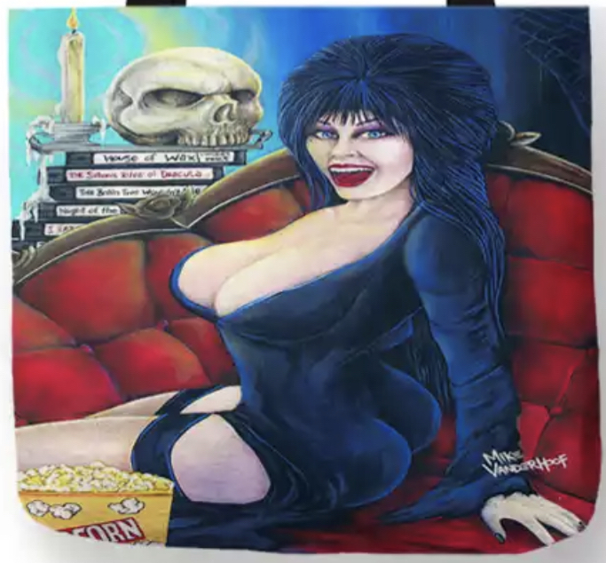new elvira mistress of the dark canvas tote bags image is printed on both sides women vintage hollywood unisex tote bag men horror apparel handbag