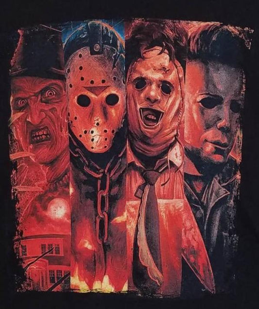 New ’Freddy Krueger Jason Voorhees Leatherface Michael Myers’ Unisex Silkscreen T-Shirt. Available From Small-2XL.