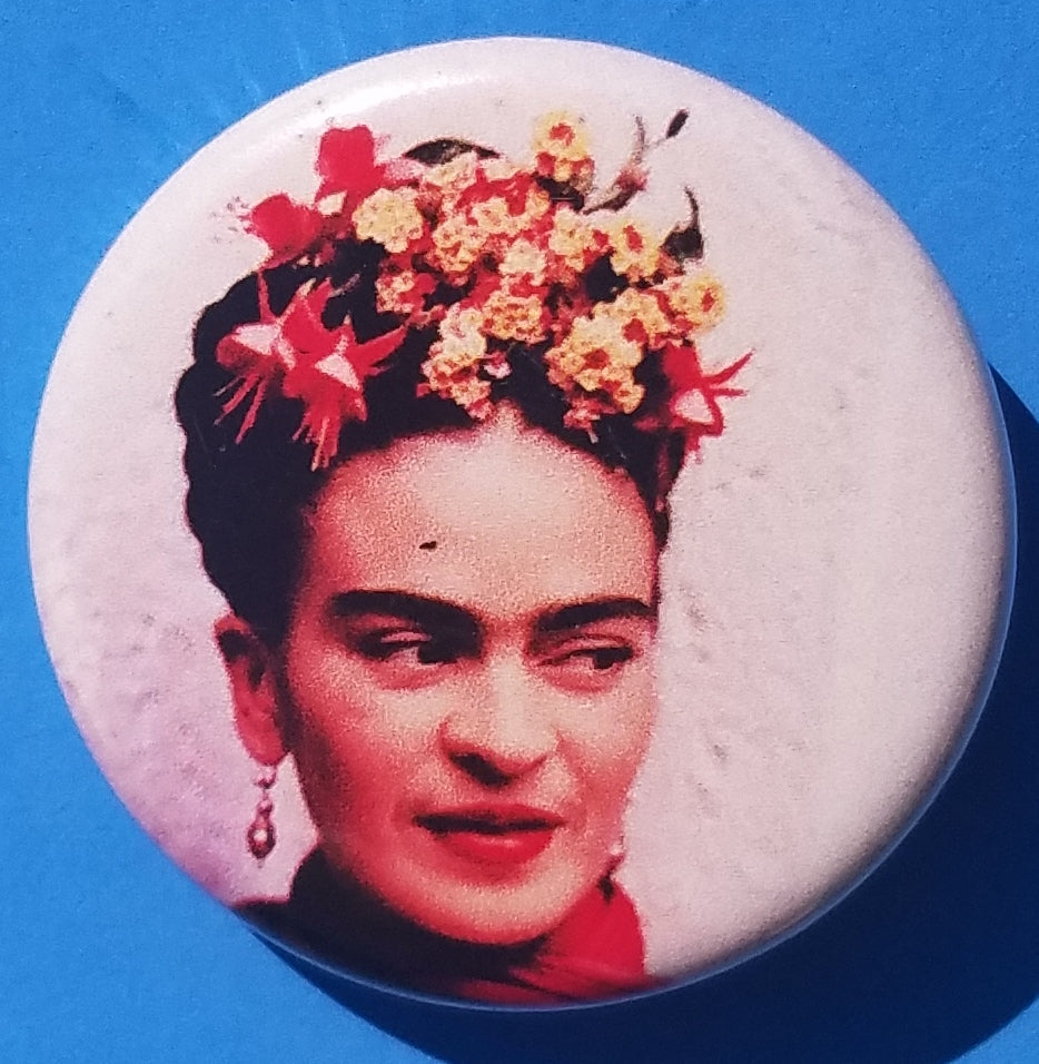 new frida kahlo button set of 4 fashion buttons are 1.25 inches in size Set Includes Frida As A Kid Frida on Green With Flowers Frida With White Background Frida Up Close With Flowers mexican style movies pinback