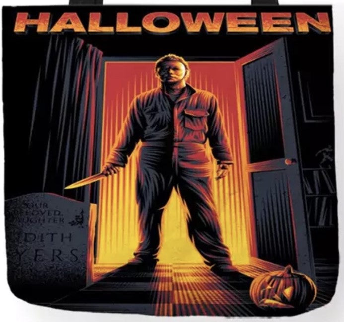 new halloween michael myers in doorway canvas tote bags image is printed on both sides women unisex totebag movie men horror apparel handbags