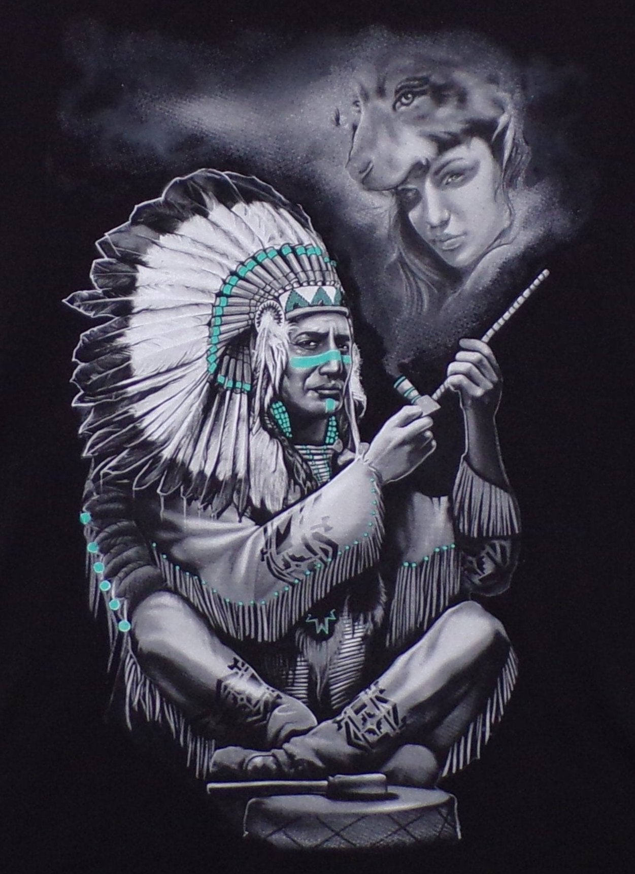 New āIndian Chief Sittingā Unisex Silkscreen T-Shirt. Available From Small-3XL. - Menās Short Sleeve Shirt