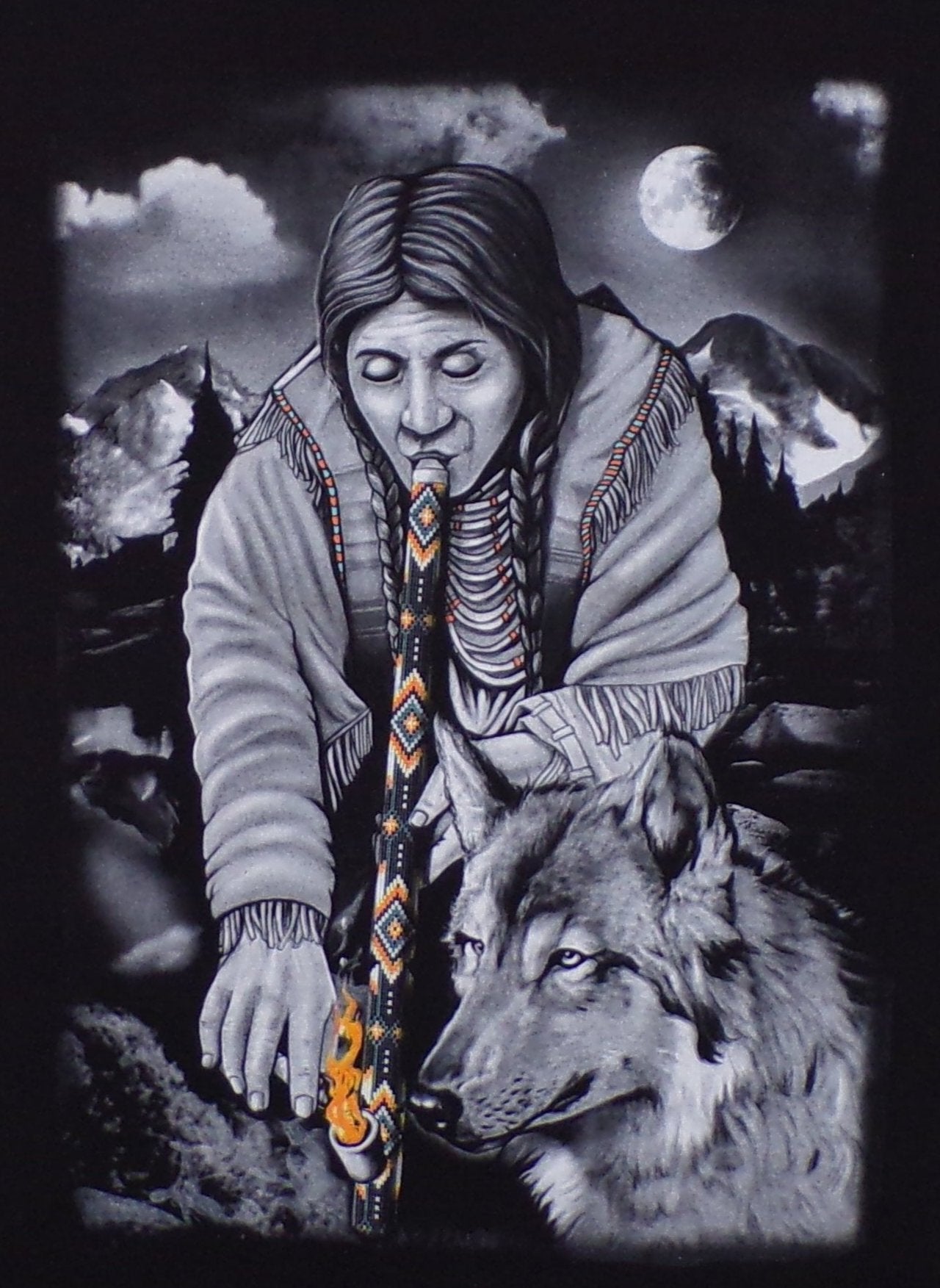 New ’Indian Smoking Long Pipe With Wolf’ Unisex Silkscreen T-Shirt. Available From Small-3XL. - Men’s Short Sleeve Shirt