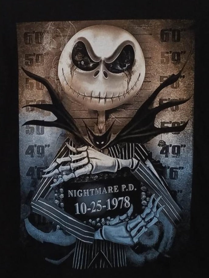 new jack skellington mugshot mens silkscreen t-shirt available from small-3xl women unisex movies men jack skellington horror fantasy apparel adult shirts tops