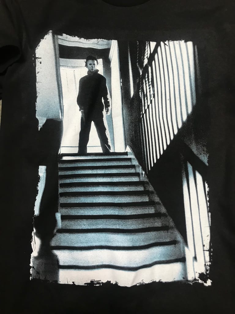 new mike myers in stairway mens silkscreen horror tshirt available from small-2xl women unisex movie men horror apparel adult shirts tops