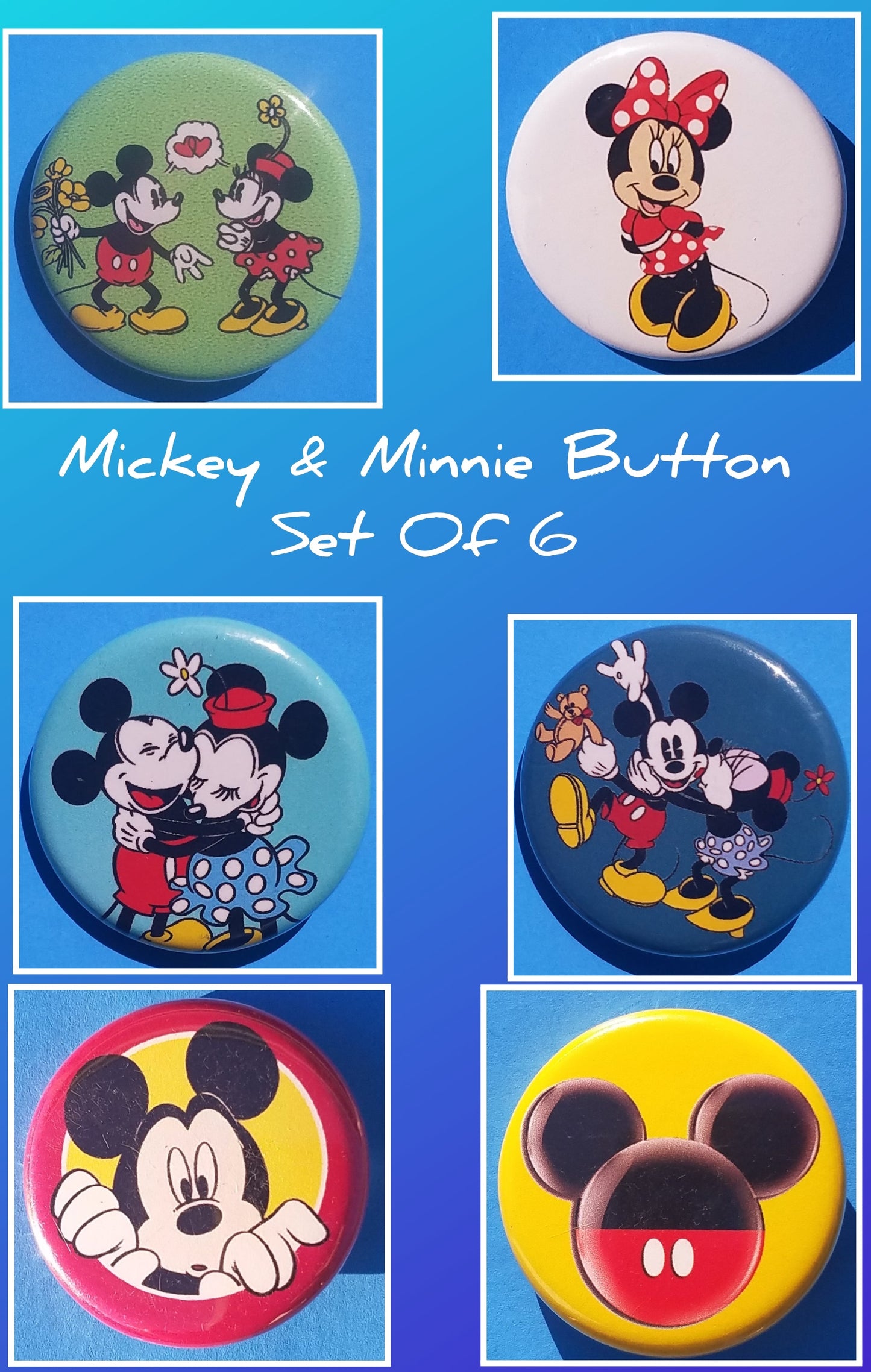 new mickey minnie button set of 6 fashion buttons are 1.25 inches in size Set Includes Mickey Minnie Hearts Flowers Mickey Minnie Hugging Mickey Minnie Kissing Mickey Mouse Looking Over Mickeys Backside Minnie Mouse movie cartoon collection disney pinback