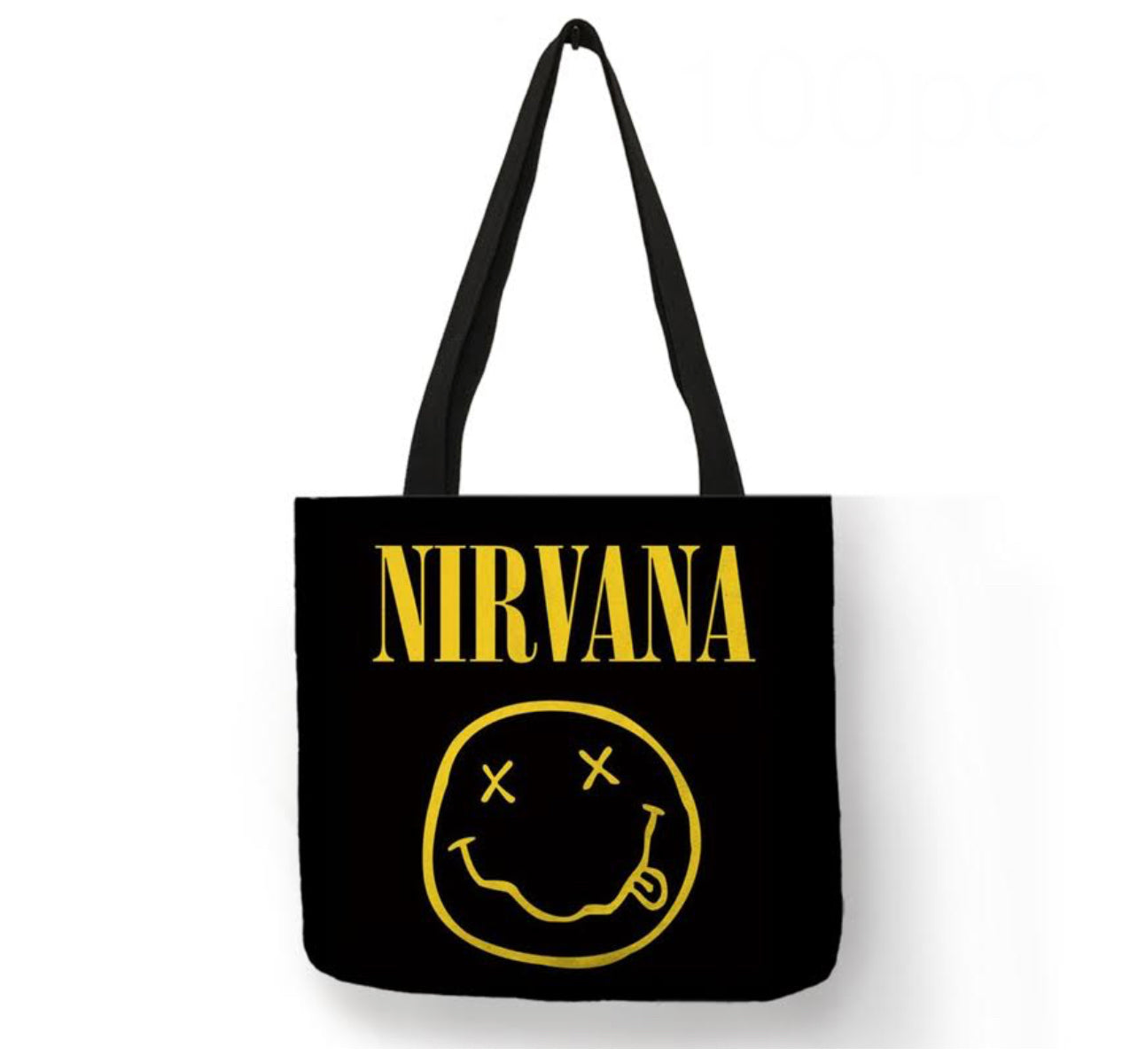 new nirvana crooked smiley face canvas tote bags image is printed on both sides women unisex tote bag nirvana music men grunge apparel handbags