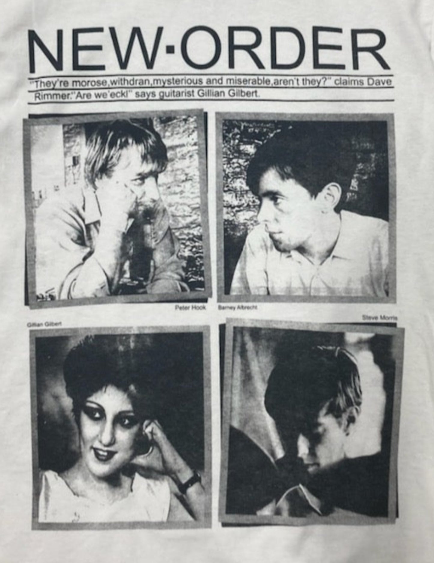 White New Order band t-shirt featuring four black-and-white images of band members – Adult Unisex Silkscreen