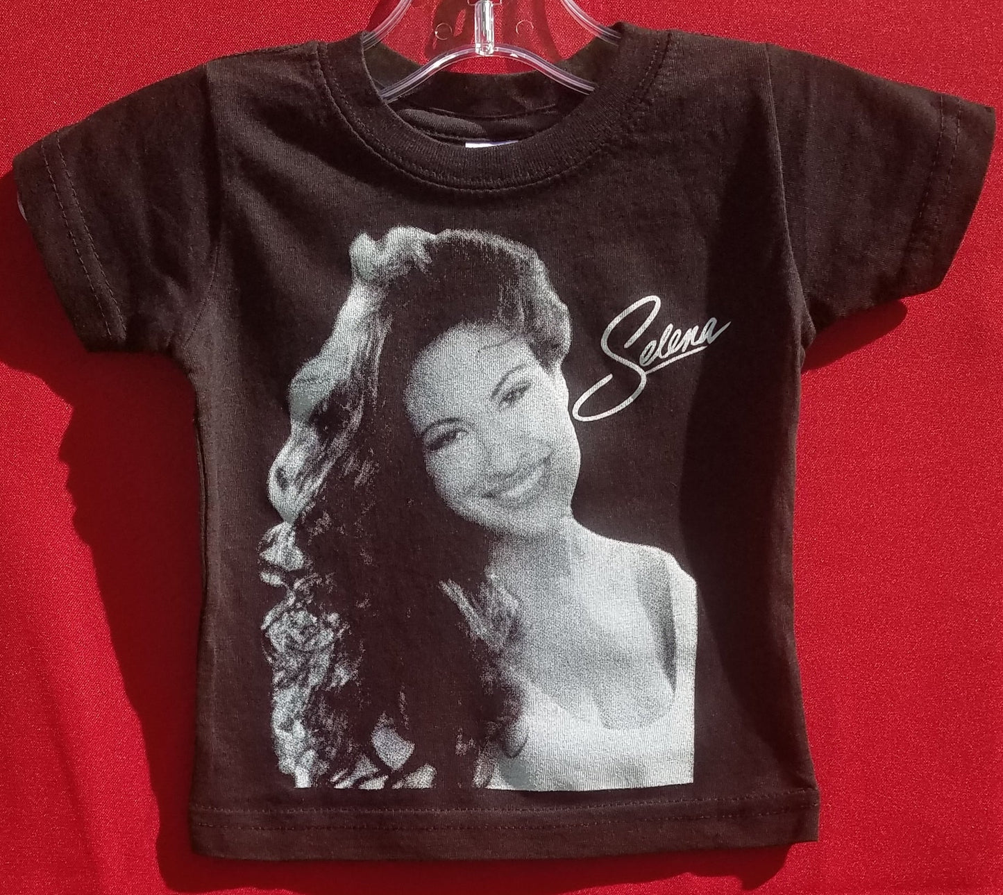 new selena with white writing infant silkscreen t-shirt available in 6 12 18 24 months unisex selena music movie mexican style kids infant girl boy apparel tejano baby toddler tops