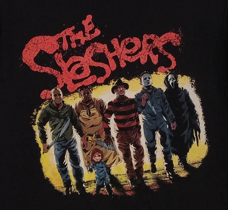 new the slashers mens silkscreen t-shirt available from small-3xl women unisex movies men michael myers leatherface jason horror ghostface freddy krueger chucky adult apparel shirts tops
