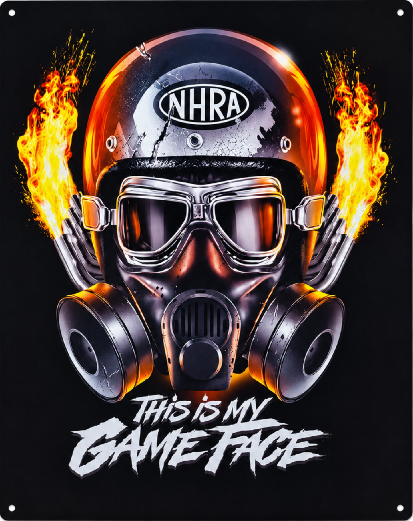 Officially licensed NHRA This Is My Game Face tinplate steel metal sign featuring a flaming racing helmet graphic, 12 inches wide by 15 inches tall.