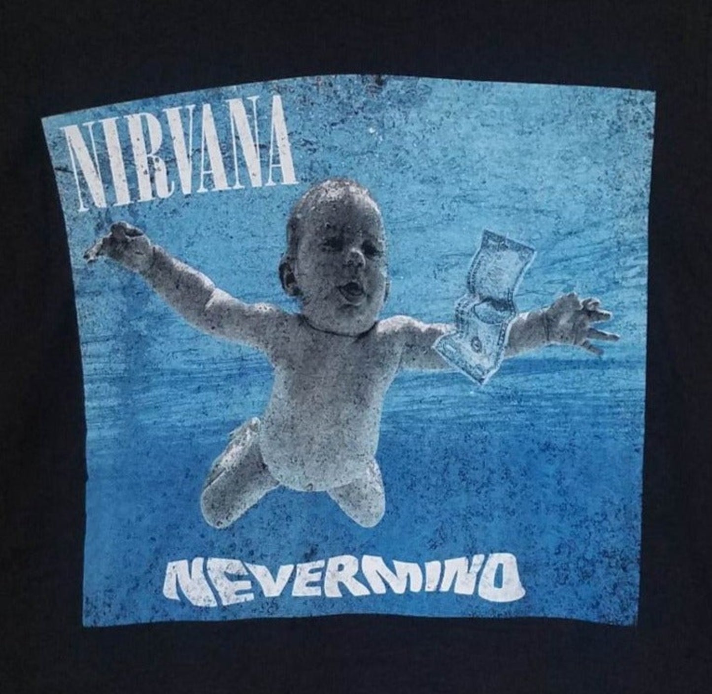 Front view of Nirvana Nevermind graphic T-shirt featuring underwater baby and dollar bill artwork on black tee