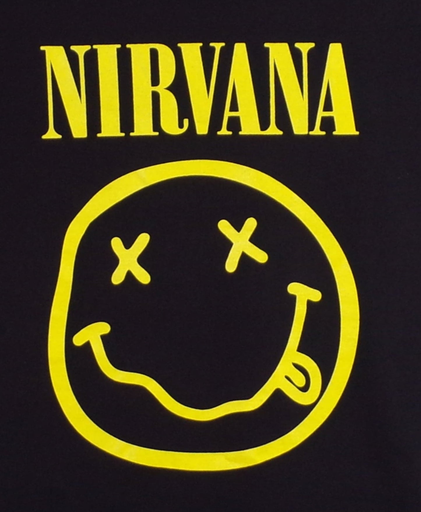 Adult Nirvana 'Smiley Face' Band T-Shirt featuring the iconic yellow smiley logo, available in sizes Small-3XL.