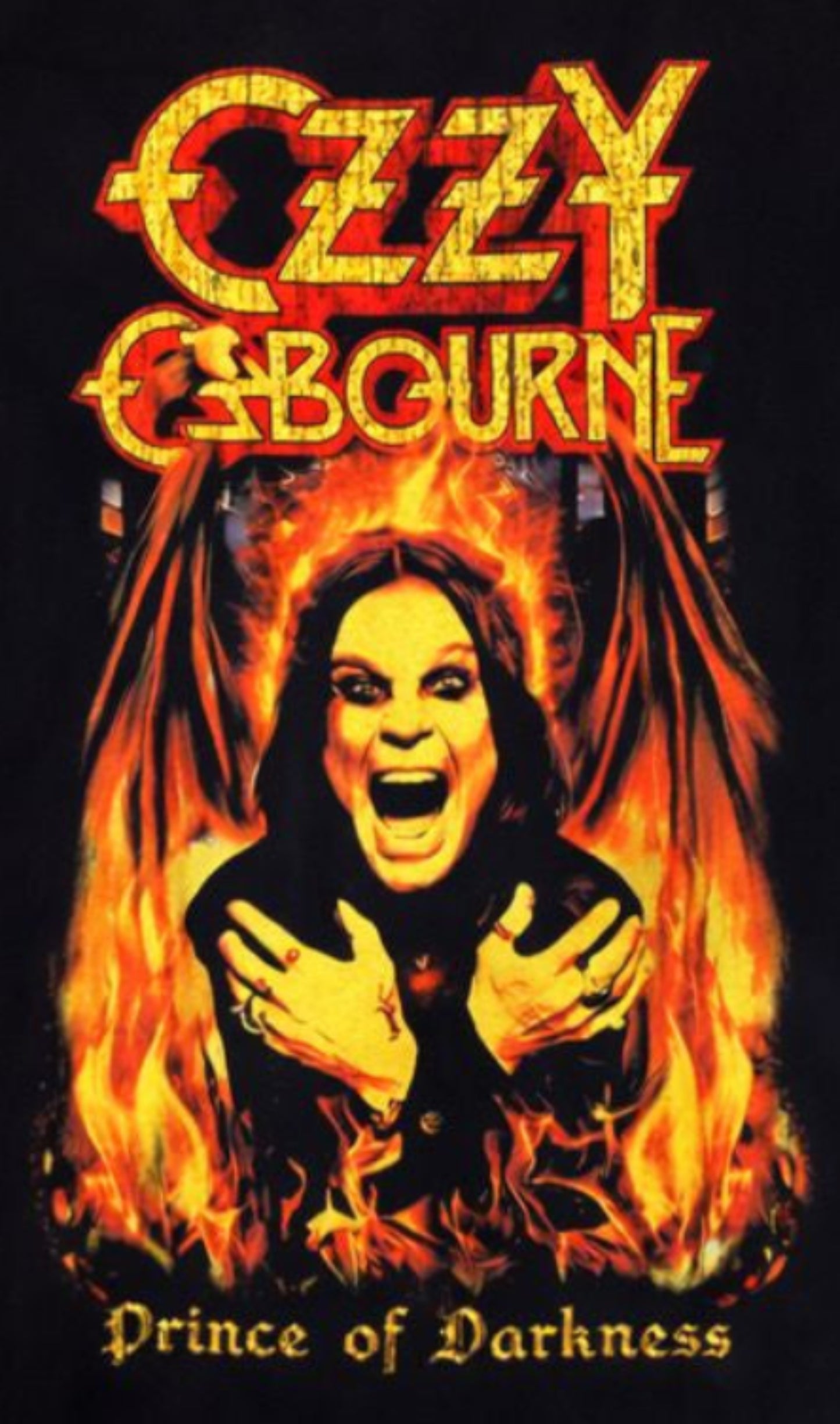 Black “Ozzy Osbourne – Prince of Darkness” unisex T-shirt with flaming gothic artwork and fiery logo design, Small–2XL.