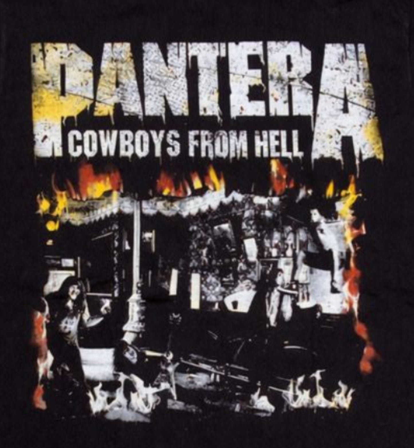 Front view of Pantera Cowboys From Hell album cover fire graphic T-shirt featuring flame frame and band artwork on black tee