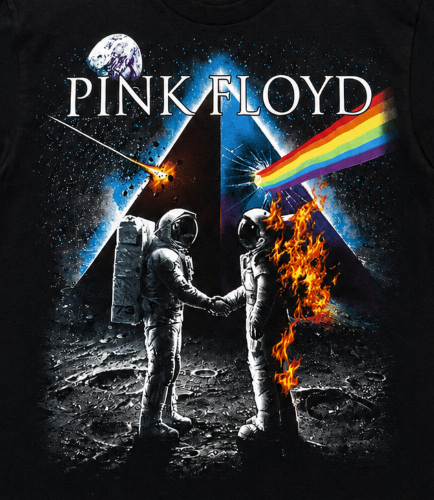 Pink Floyd Space Handshake graphic T-shirt with prism rainbow astronaut design unisex sizes S–3XL