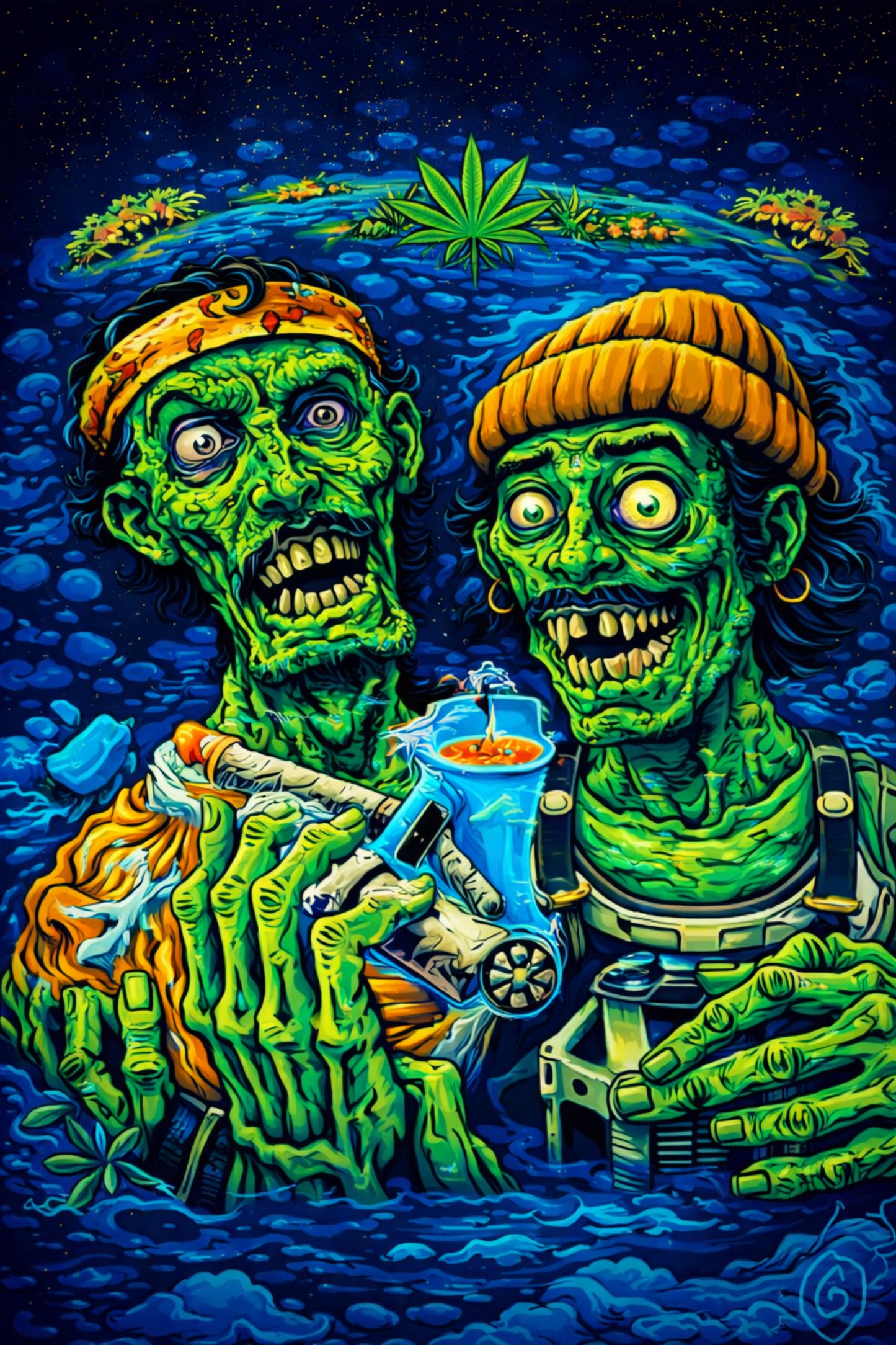 Neon zombie characters in cosmic night setting with novelty art style