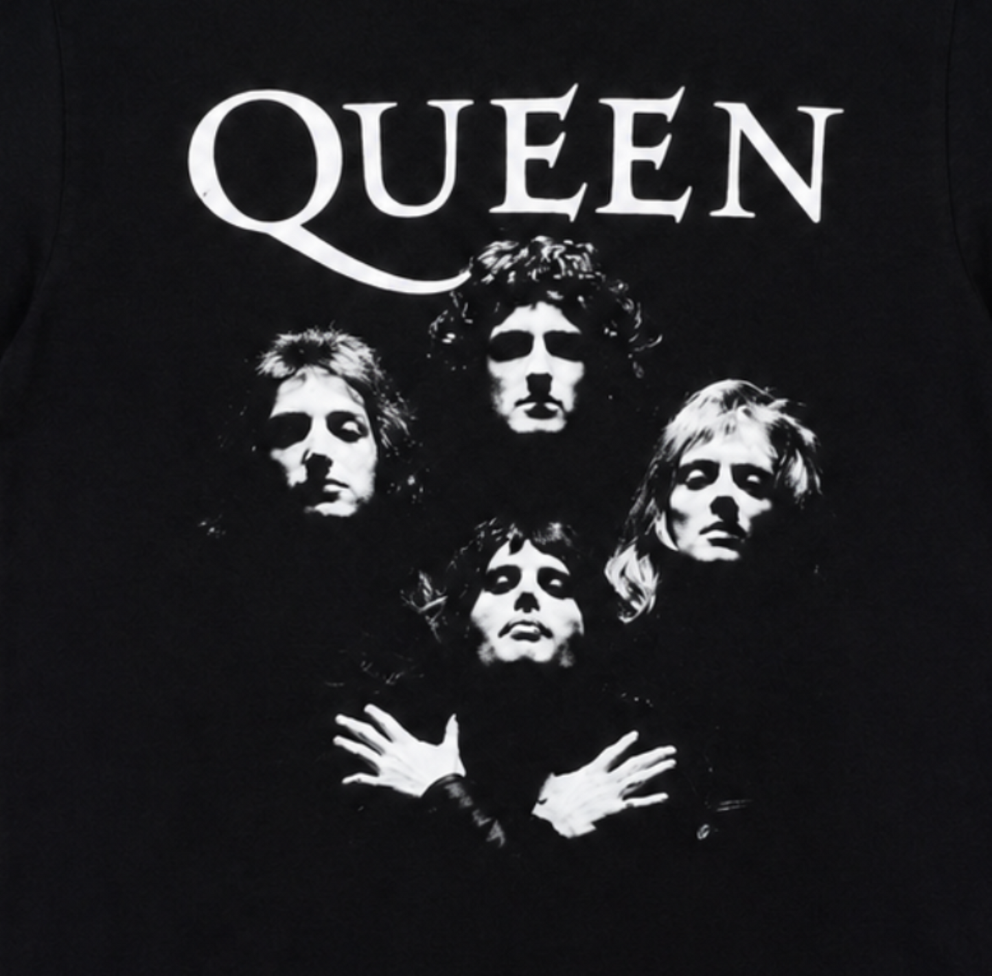 Queen Bohemian Rhapsody graphic T-shirt with band portrait and logo on black shirt unisex sizes S–3XL