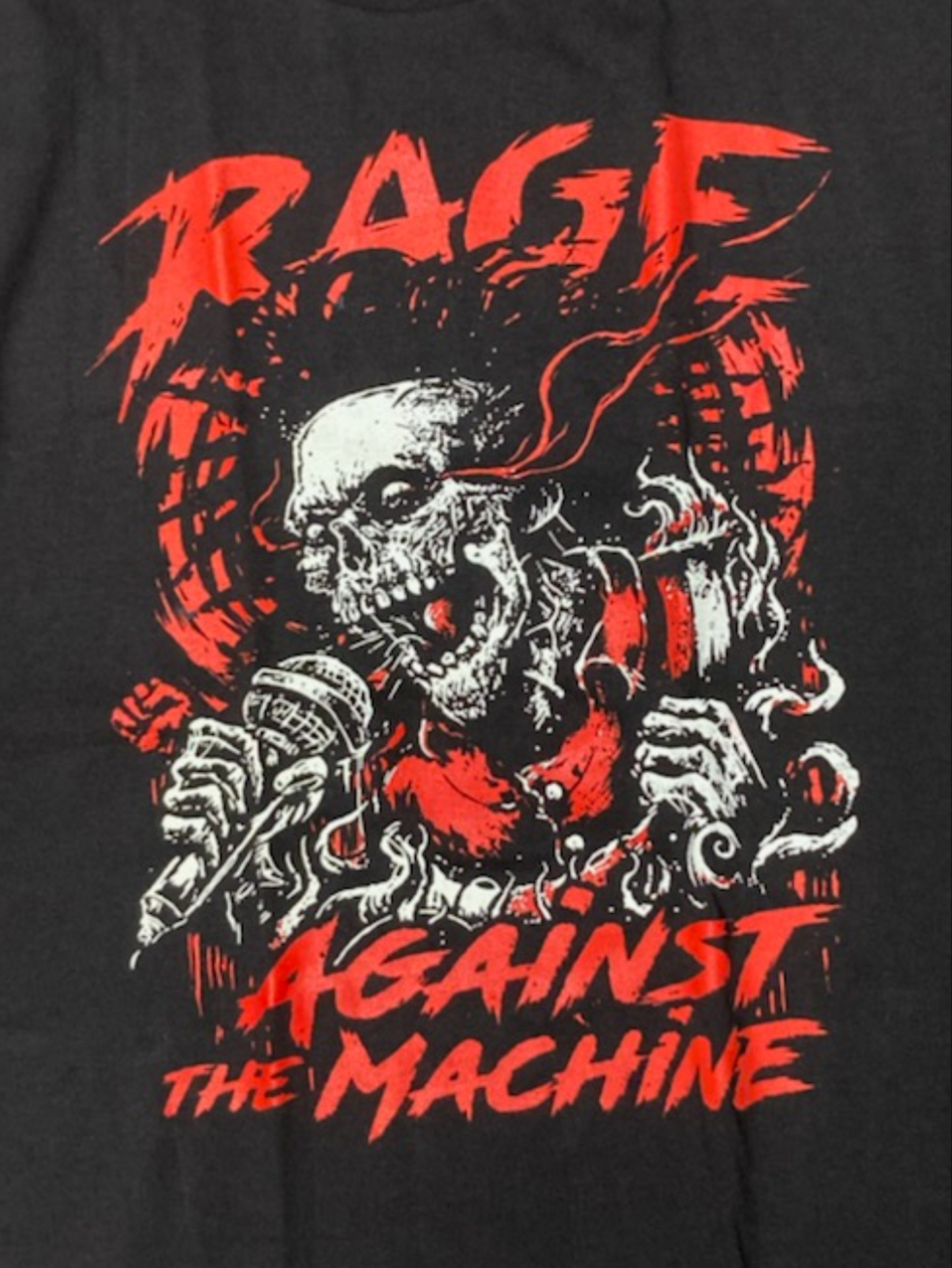 Black Rage Against The Machine t-shirt featuring skeleton singer holding microphone – Unisex Silkscreen