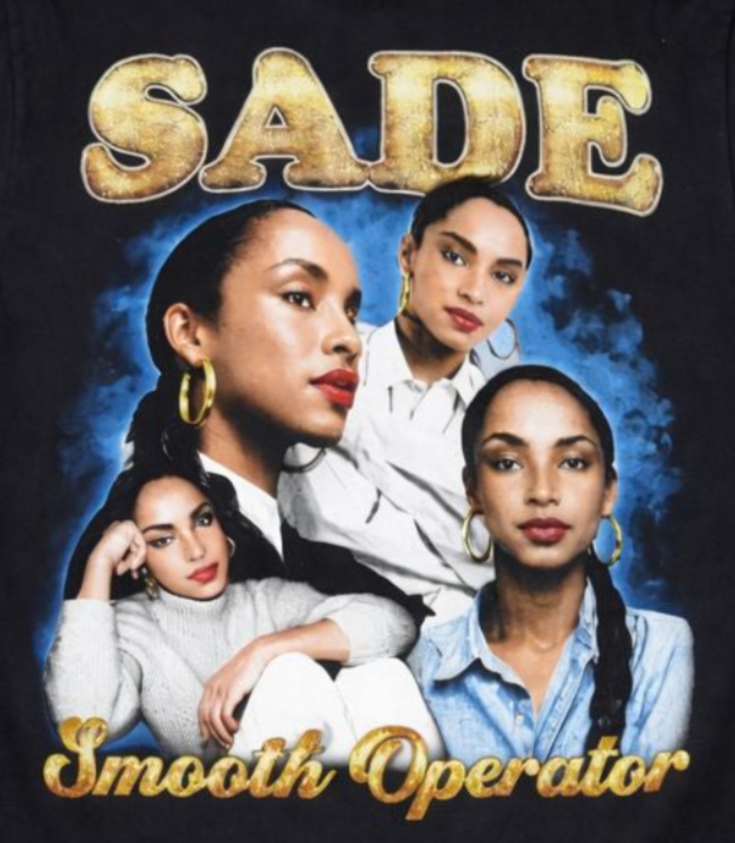 Black “Sade – Smooth Operator” unisex T-shirt featuring a multi-image collage of Sade with gold and blue tones, Small–3XL.