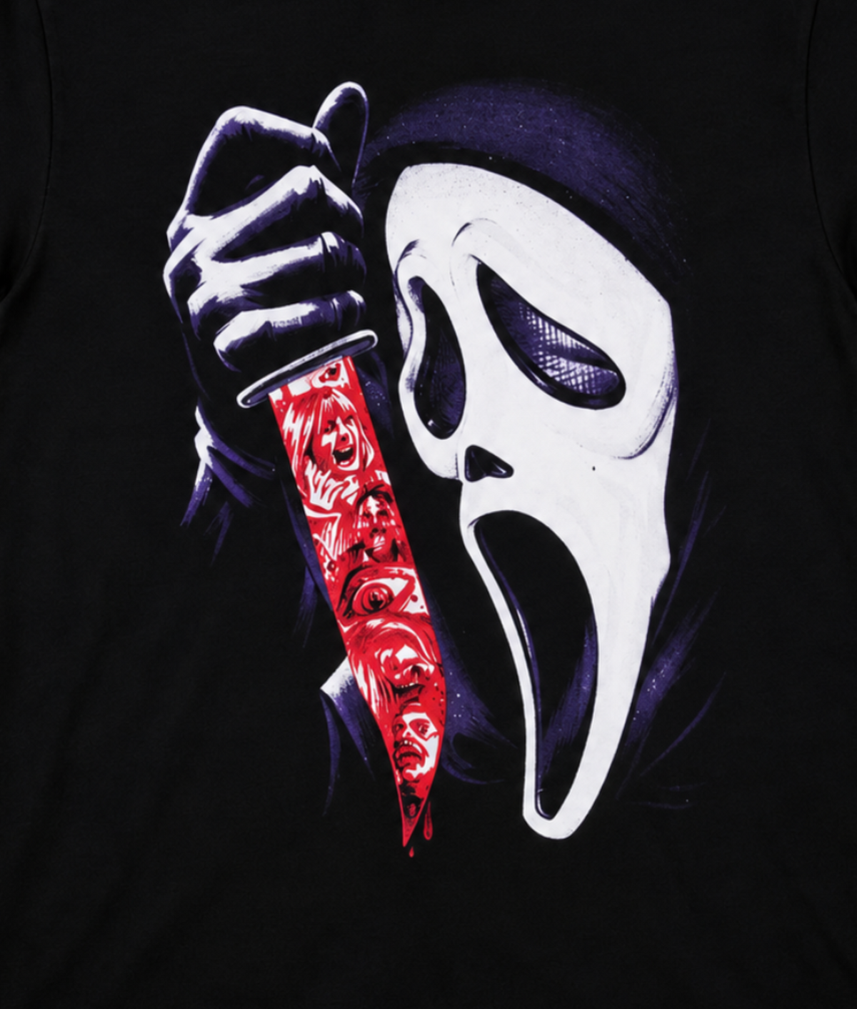 Close-up of Scream Ghostface Victims on the Blade artwork with Ghostface holding a blood-red knife filled with victims’ faces.