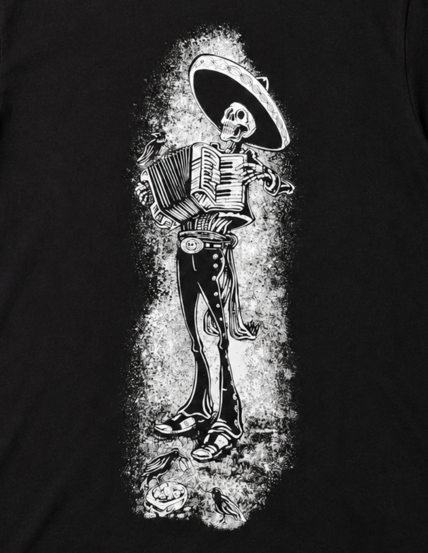 Skeleton mariachi accordion graphic T-shirt with full body Day of the Dead style design unisex sizes S–2XL