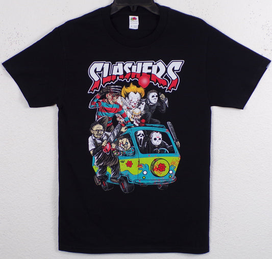 "Slasher Horror Friends - Mystery Machine" Unisex Silkscreen T-Shirt. Available From Small-3XL.