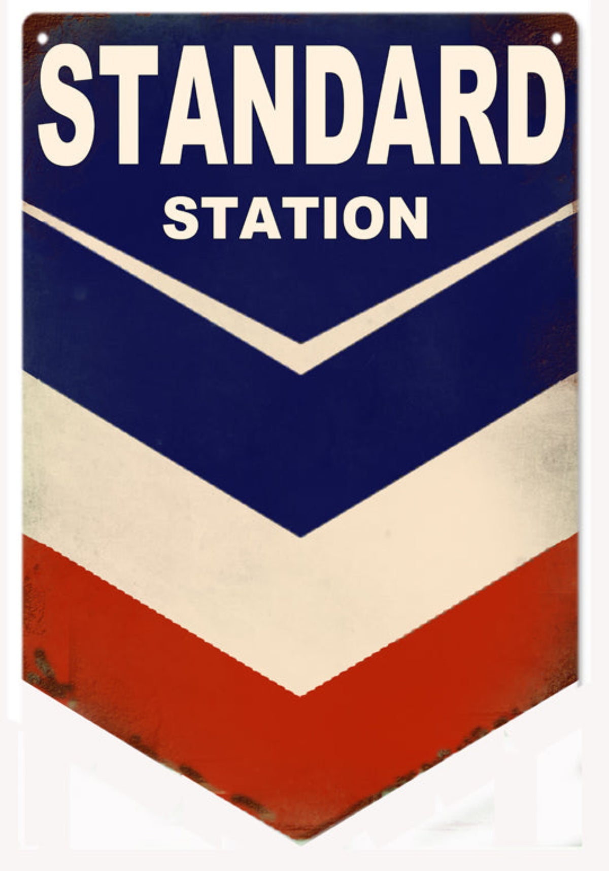 Standard Oil of California Standard Station Chevron metal sign with clean red, white, and deep blue graphics featuring the classic three-bar Chevron service station design.