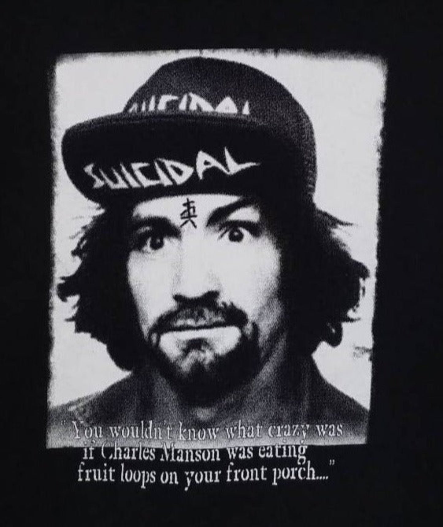 Black and white graphic of Charles Manson wearing a "Suicidal" hat, with high-contrast detailing that reflects the raw, rebellious energy of Suicidal Tendencies and punk culture.