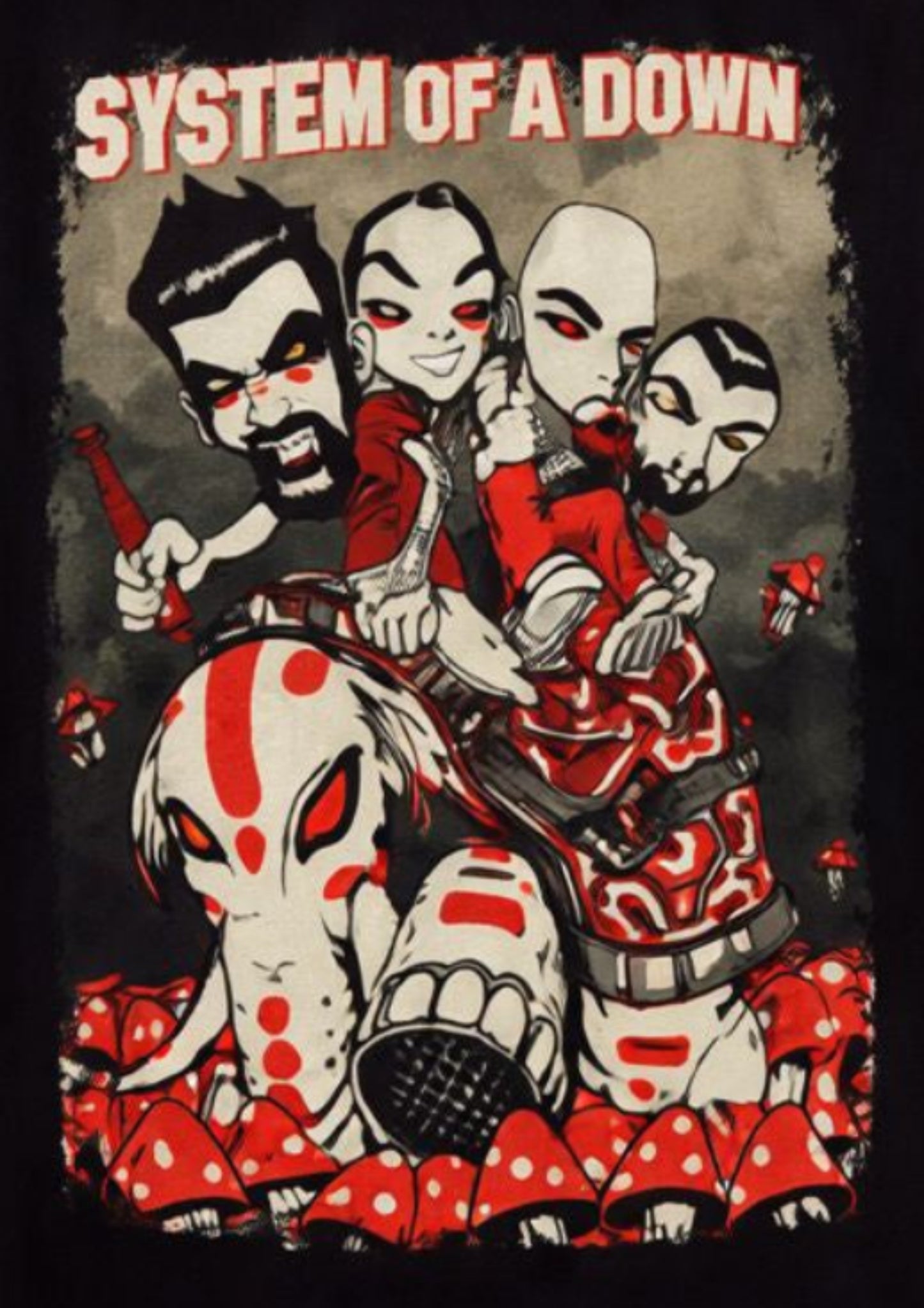 Front view of System of a Down Mushroom People T-shirt featuring cartoon-style band members riding an iron elephant through red and white mushrooms, printed using authentic silkscreen technique.
