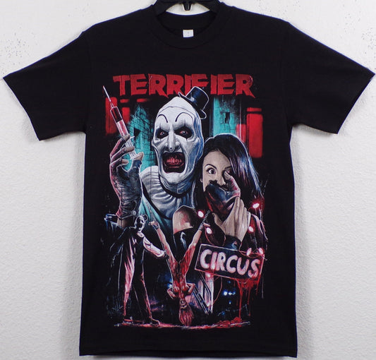 Black Terrifier Circus t-shirt featuring Art The Clown horror design – Unisex Silkscreen