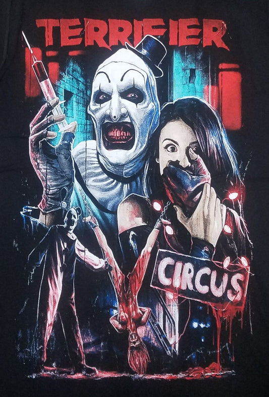 Black Terrifier Circus t-shirt featuring Art The Clown horror design – Unisex Silkscreen