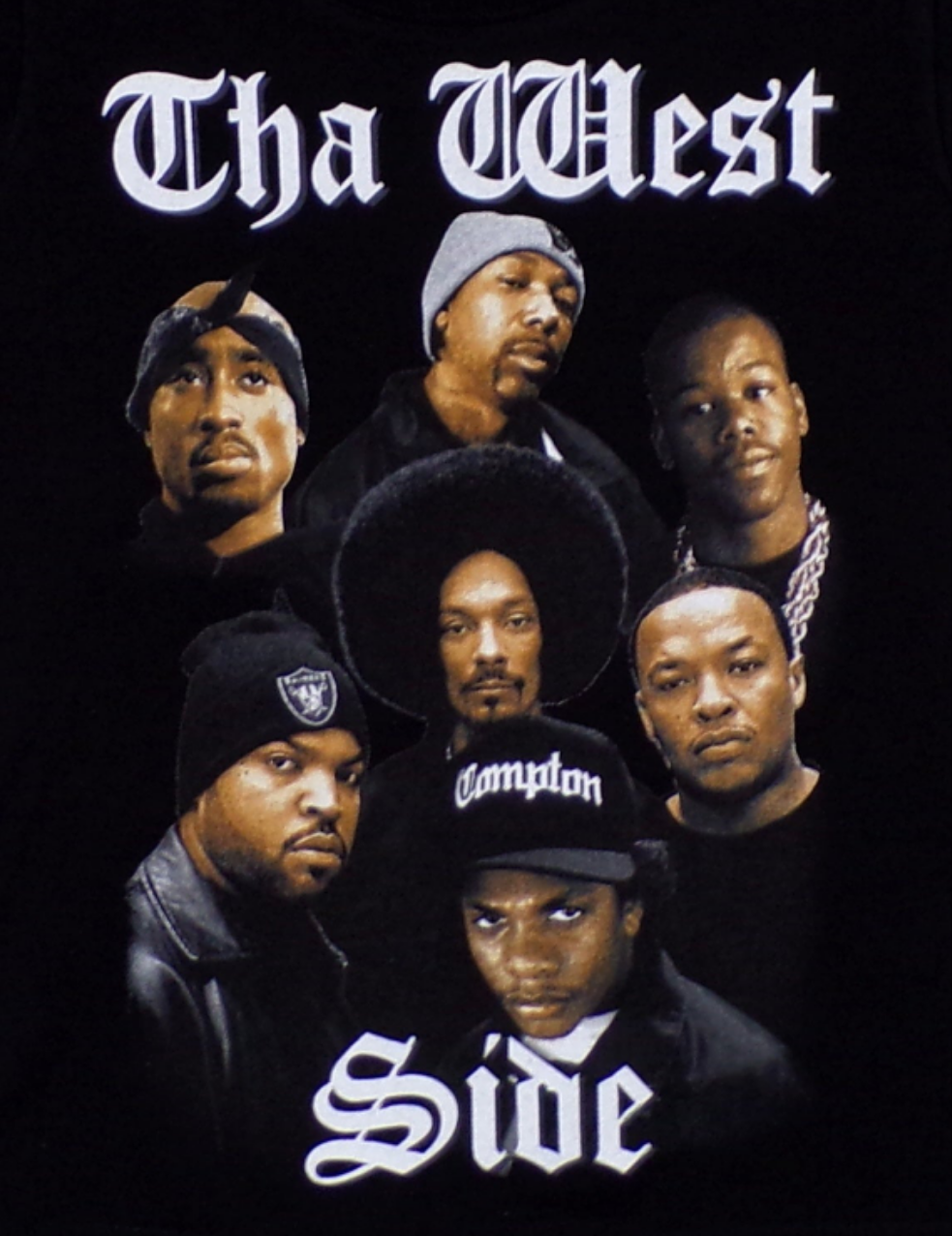 Tha West Side youth unisex hip hop T-shirt featuring Tupac Shakur, Snoop Dogg, Dr. Dre, Ice Cube, Eazy-E, Warren G, and WC