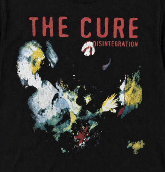 The Cure Disintegration album graphic T-shirt with hazy Robert Smith portrait and abstract artwork unisex sizes Sβ2XL